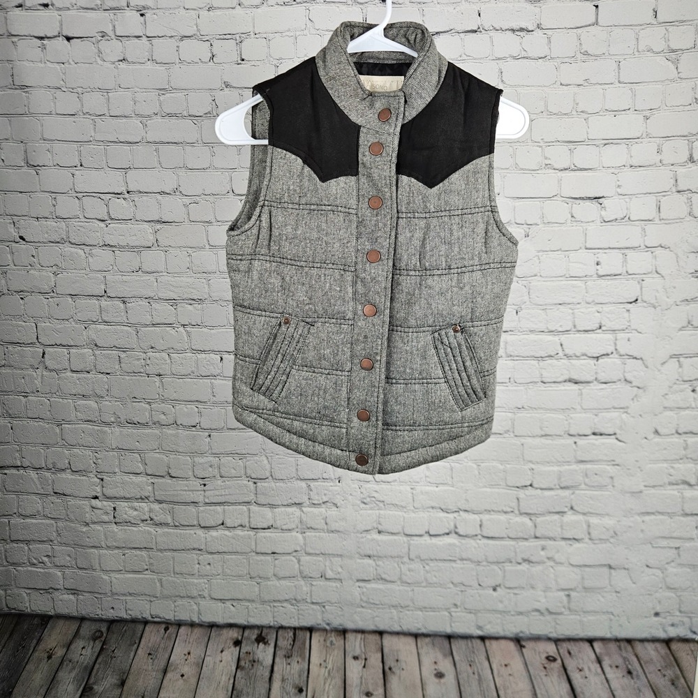 Ci Sono Womens Grey Tweed Puffer Vest Black Western Yoke Snap Front Small DV538